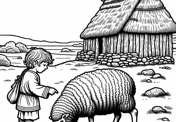 Ребёнок гладит овцу перед хижиной – Раскраска для германцев бесплатно