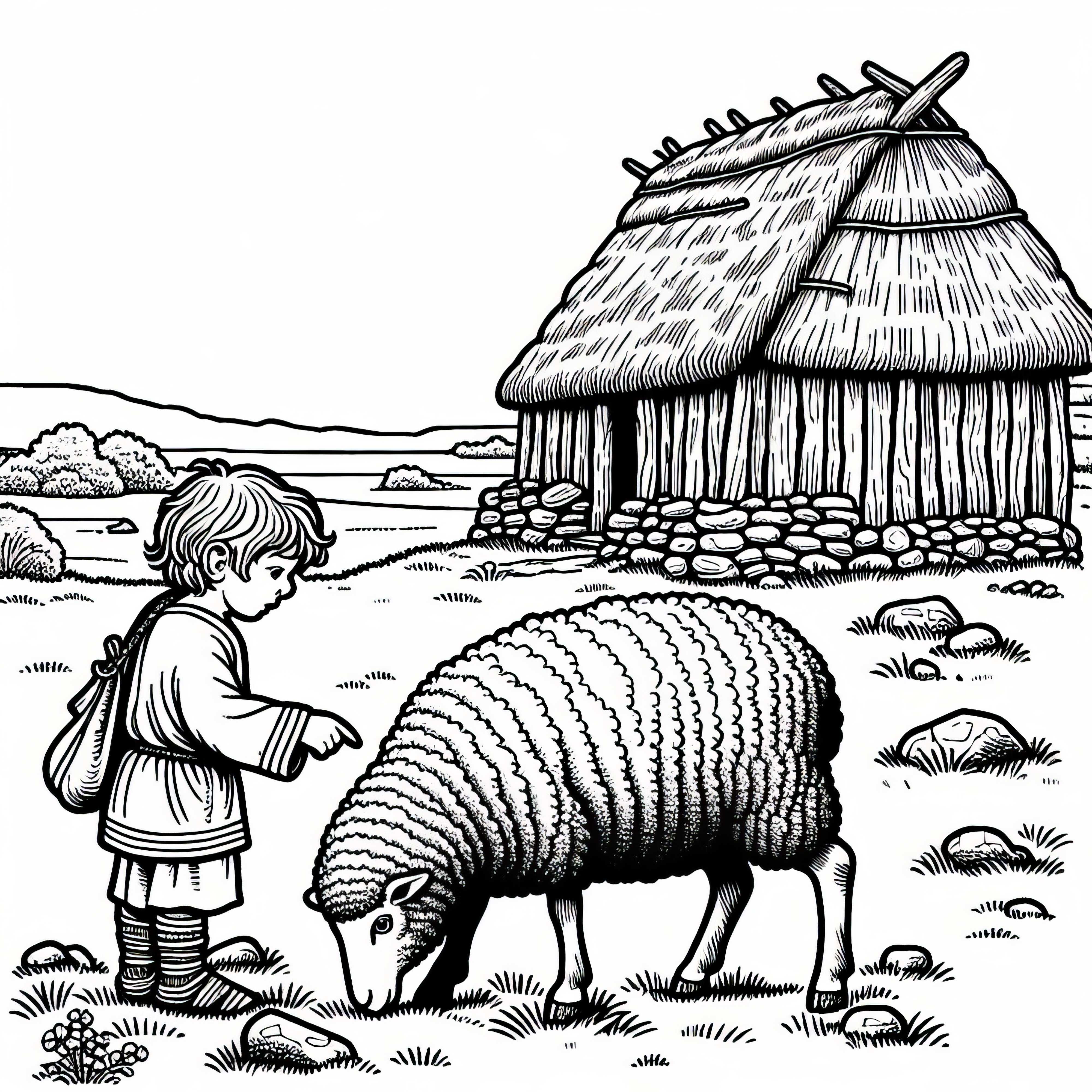 Ребёнок гладит овцу перед хижиной &ndash; Раскраска для германцев бесплатно