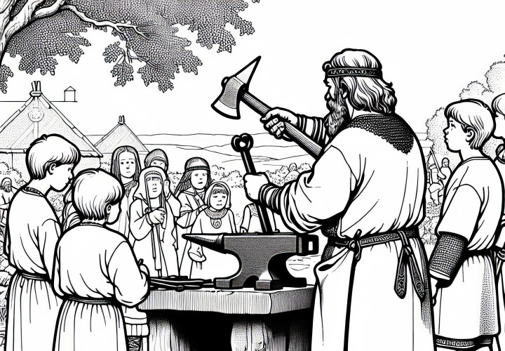 Дети наблюдают за кузнецом, работающим с железом, раскраска викингов бесплатно