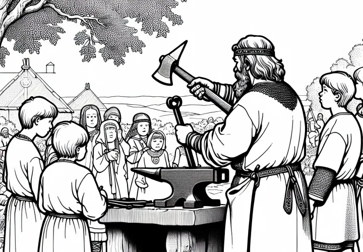 Дети наблюдают за кузнецом, работающим с железом, раскраска викингов бесплатно