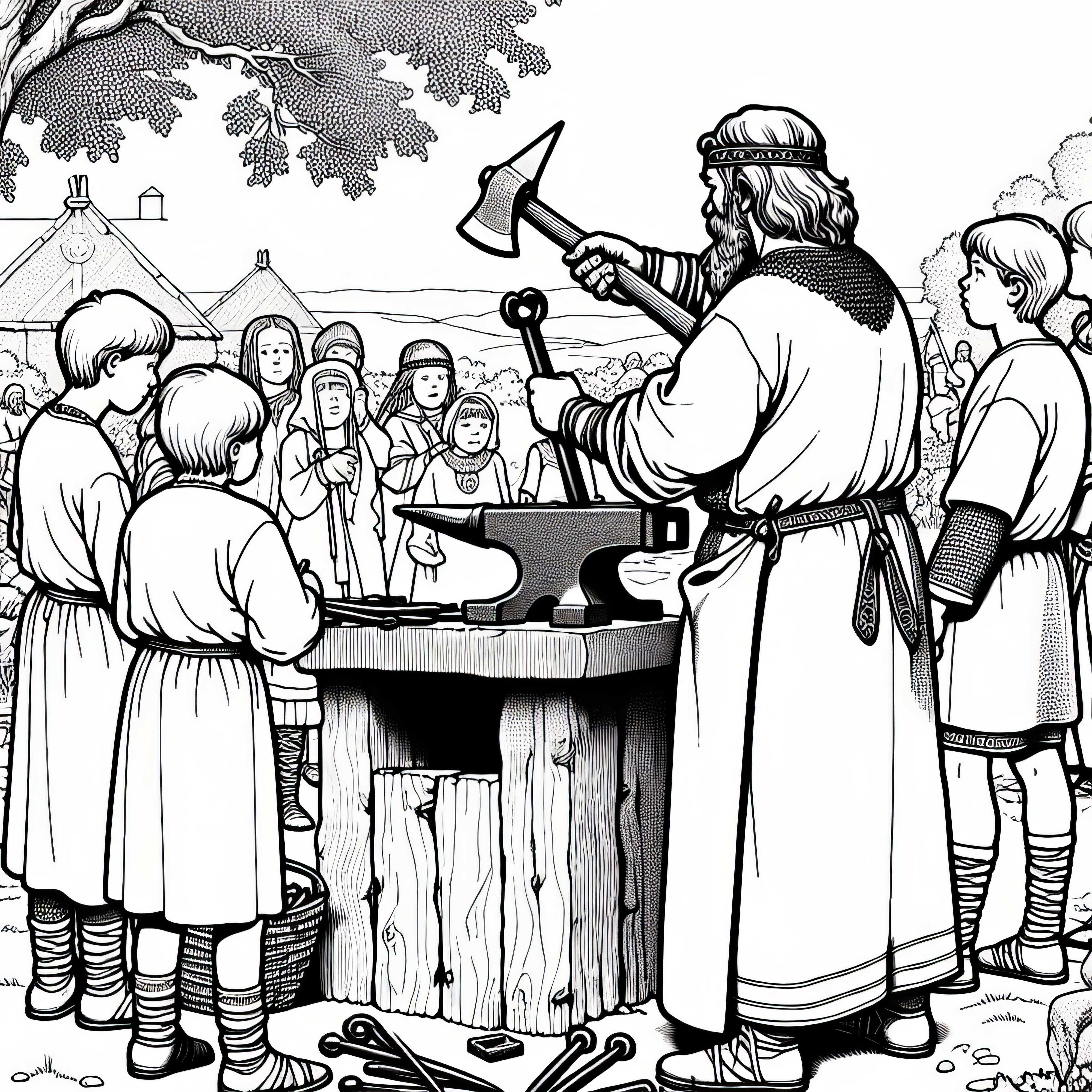 Crian&ccedil;as observam o ferreiro trabalhando o ferro em uma imagem para colorir dos germ&acirc;nicos gr&aacute;tis