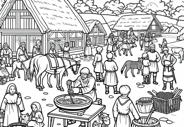 Германская деревенская площадь с детьми, животными и припасами – раскраска для германцев бесплатно
