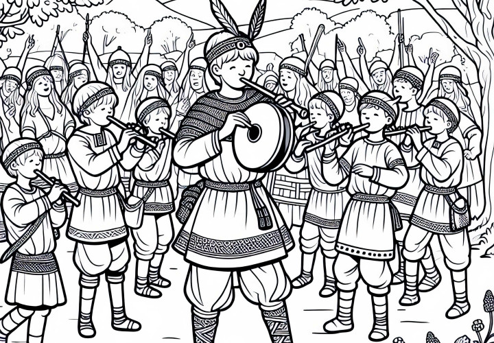 Праздник: Дети играют на флейте и танцуют – раскраска Германцев бесплатно