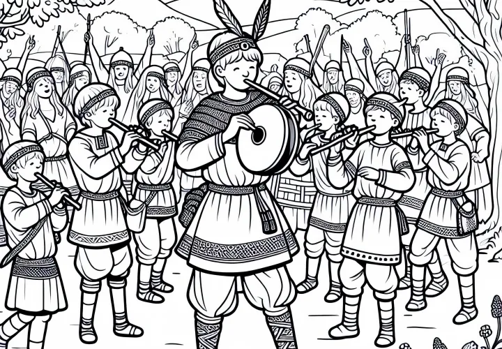Праздник: Дети играют на флейте и танцуют – раскраска Германцев бесплатно