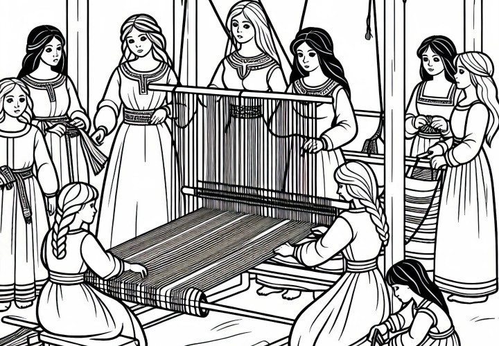 Девочки помогают при плетении – Раскраска германцев бесплатно