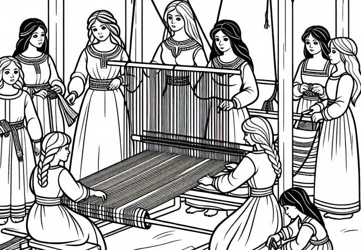 Девочки помогают при плетении – Раскраска германцев бесплатно