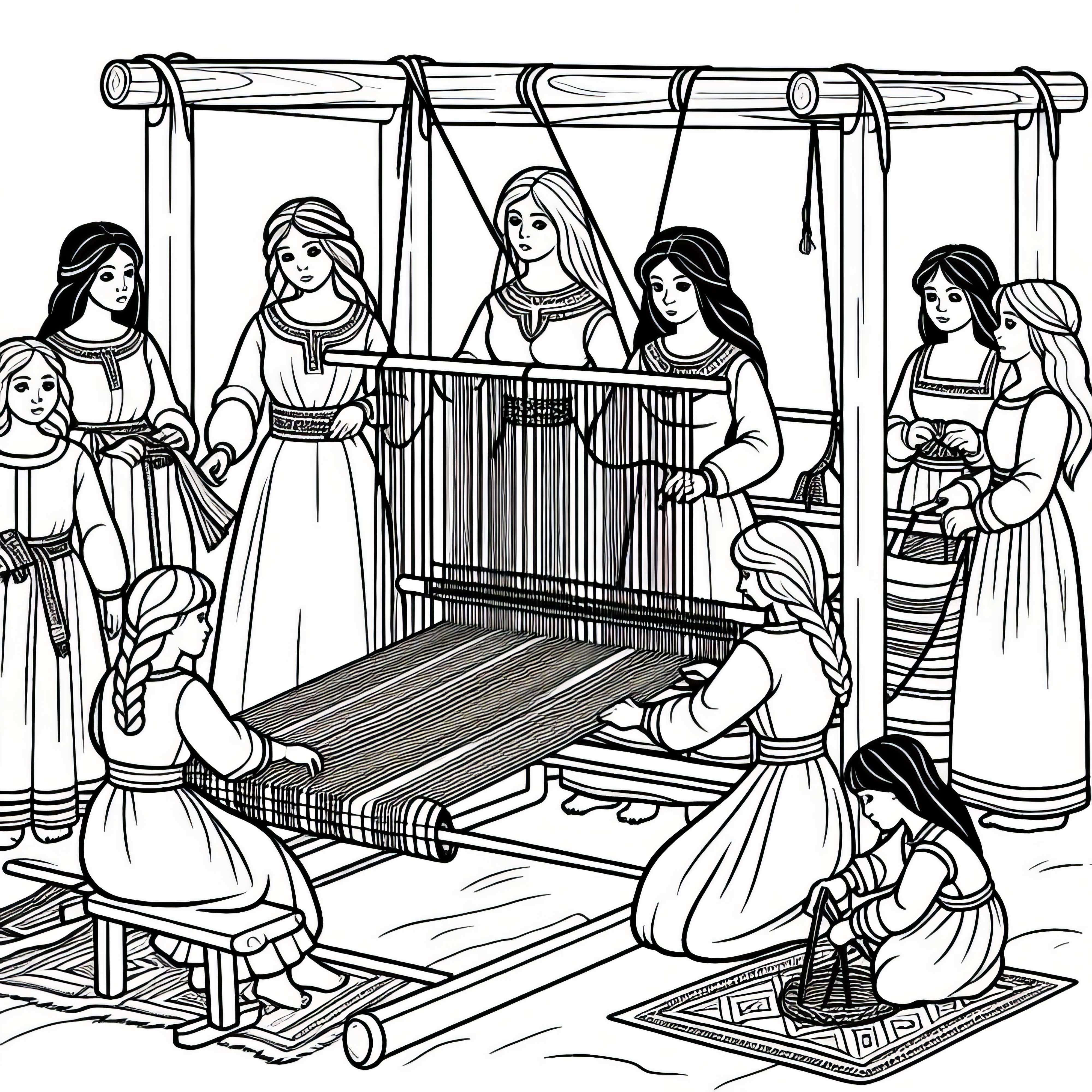 Jenter hjelper til med vevingen &ndash; Malebilde av germanere gratis