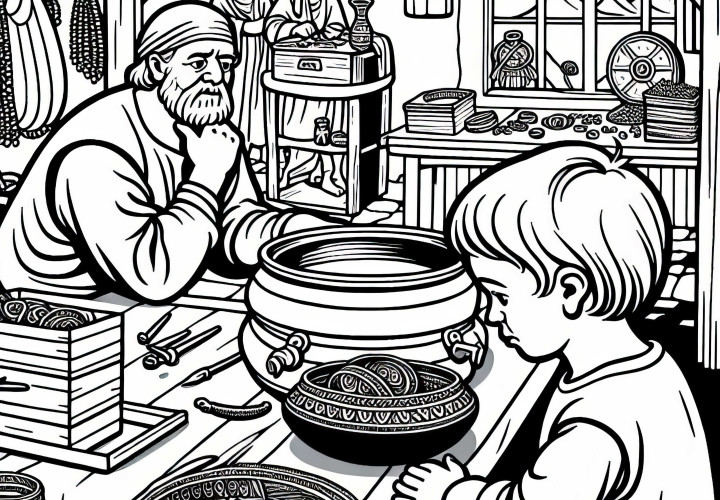 Ребёнок с любопытством наблюдает за изготовлением украшений: бесплатная раскраска германцев