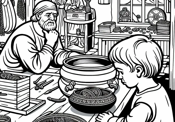 Ребёнок с любопытством наблюдает за изготовлением украшений: бесплатная раскраска германцев