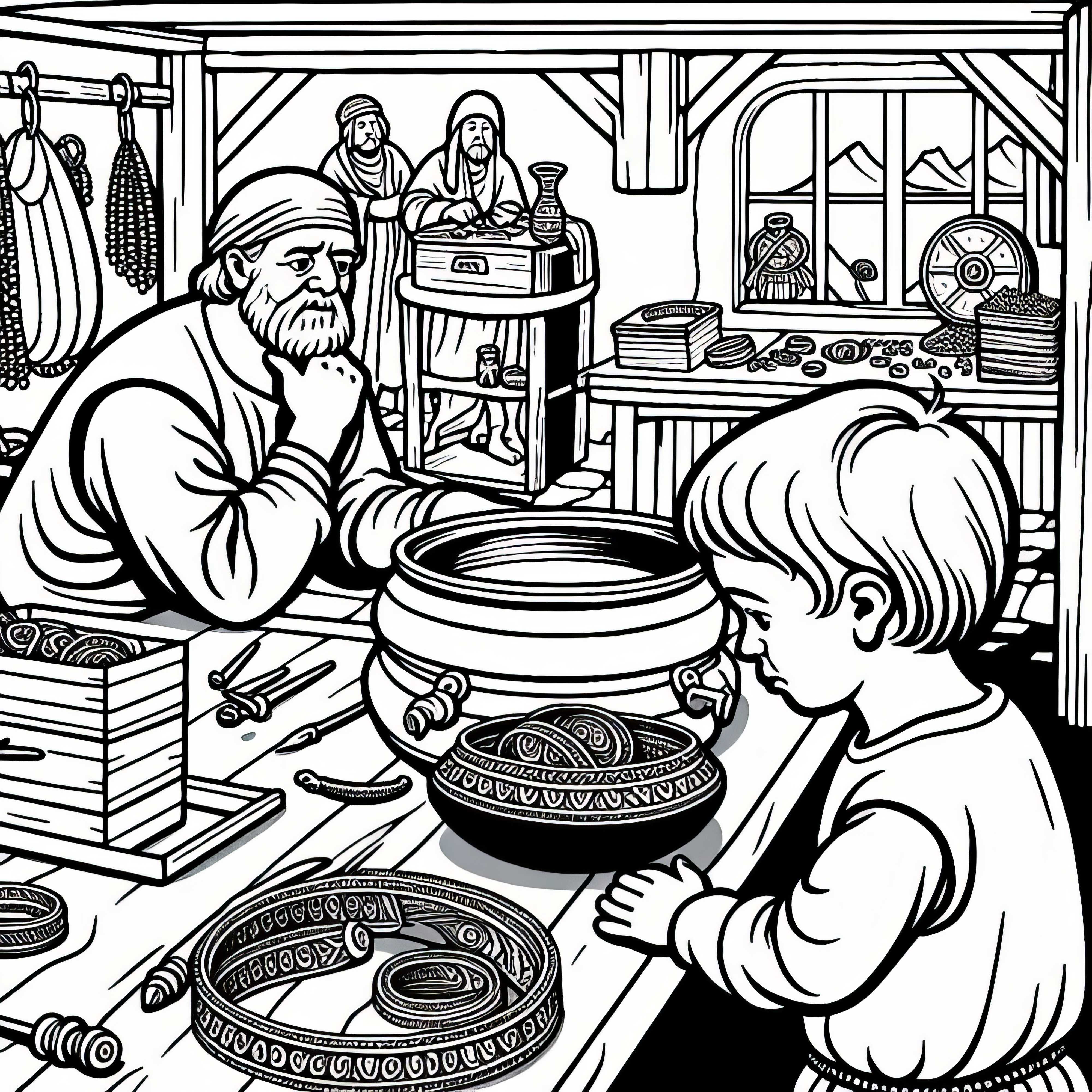 Kind beobachtet neugierig das Herstellen von Schmuck: Malvorlage Germanen gratis