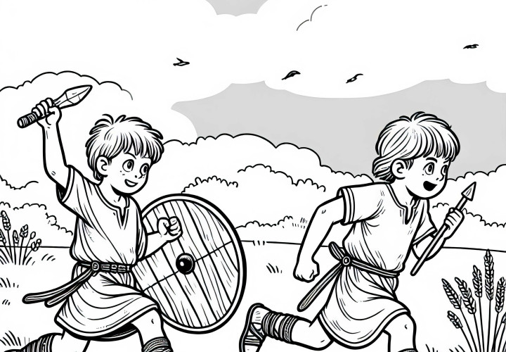 Два мальчика бегут по лугу – бесплатная раскраска германцев