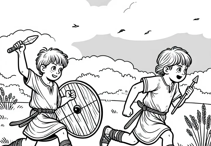 Два мальчика бегут по лугу – бесплатная раскраска германцев