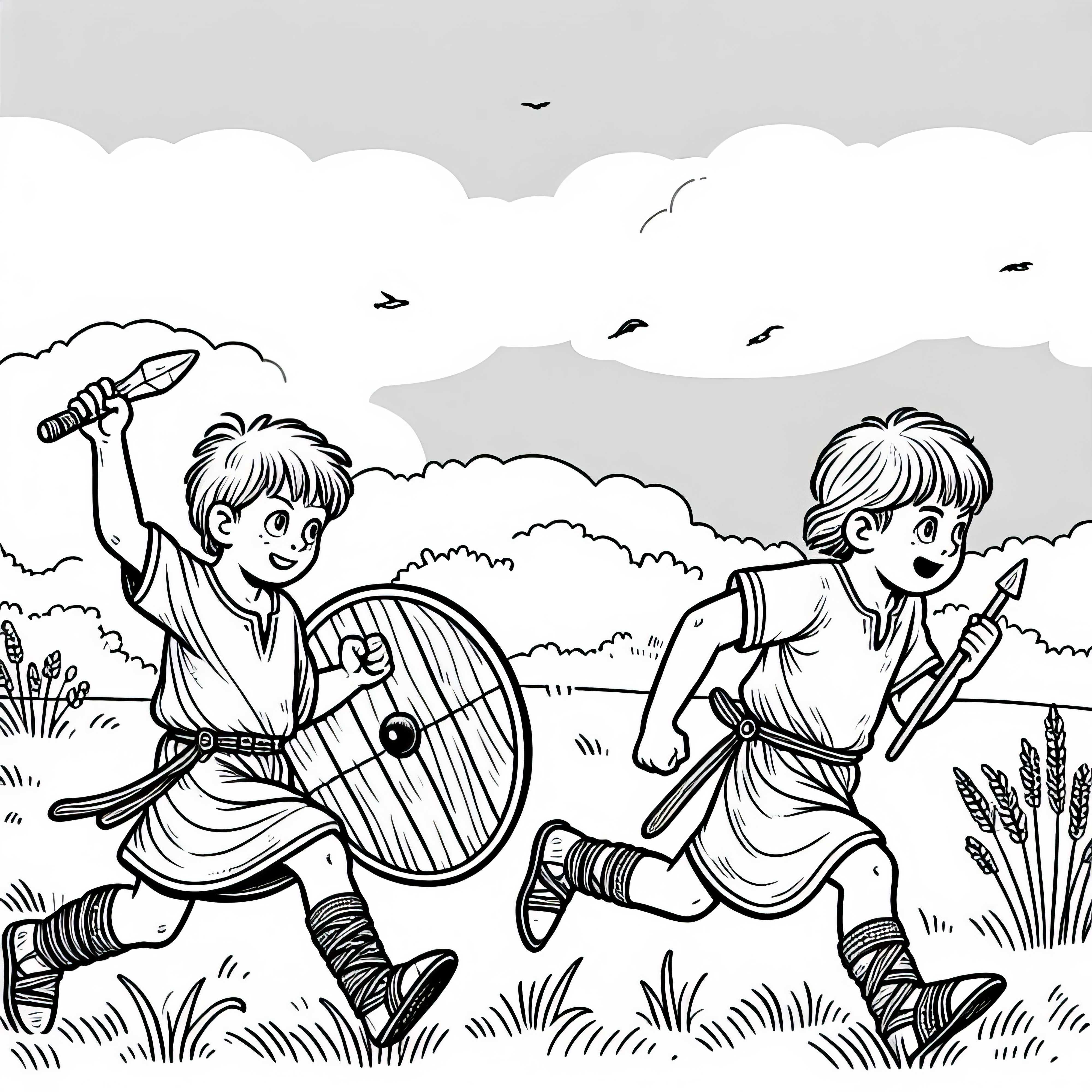 Two boys are running across the meadow - free coloring page of the Germans Two boys are running across the meadow - coloring page of the Germans for free
