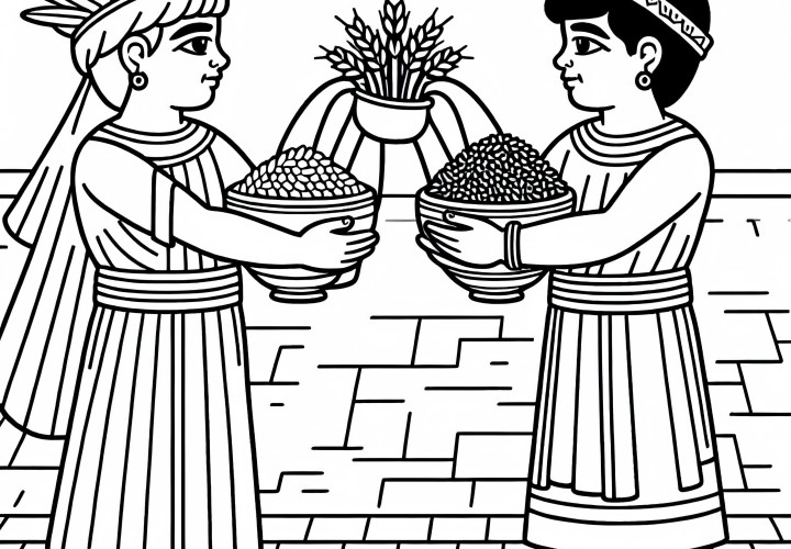 Two children bring grains in bowls to the temple coloring page Mesopotamia free