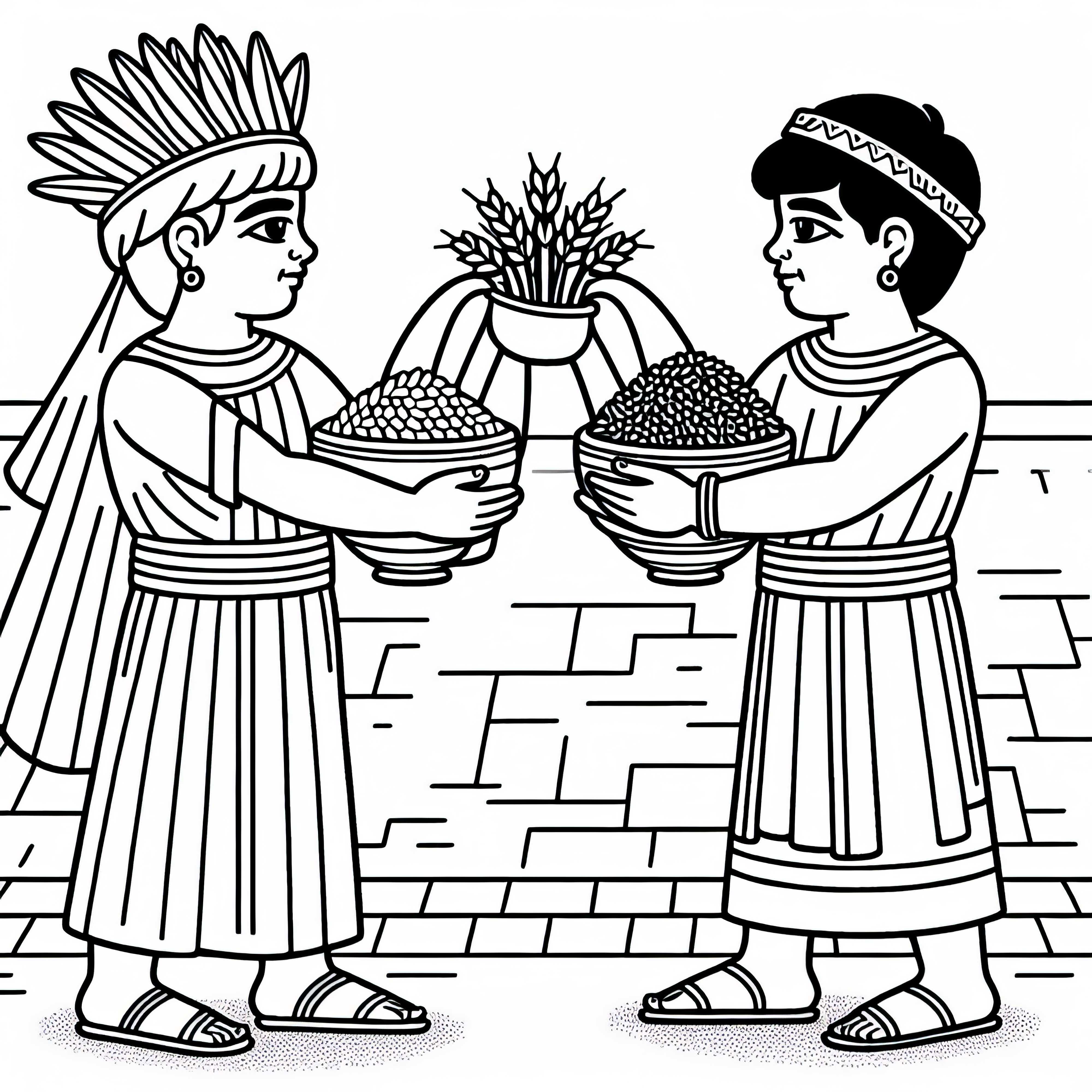 Two children bring grains in bowls to the temple coloring page Mesopotamia free Two children bring grains in bowls to the temple coloring page Mesopotamia free