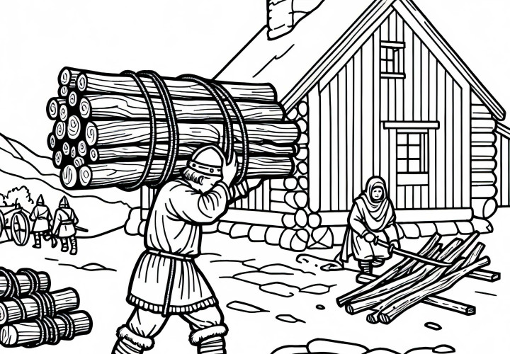 Ребёнок приносит дрова для постройки дома: Раскраска викингов бесплатно