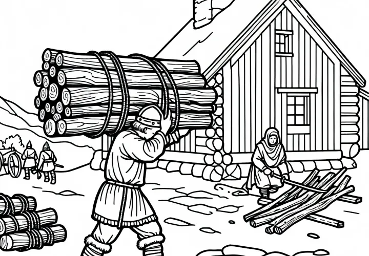 Ребёнок приносит дрова для постройки дома: Раскраска викингов бесплатно