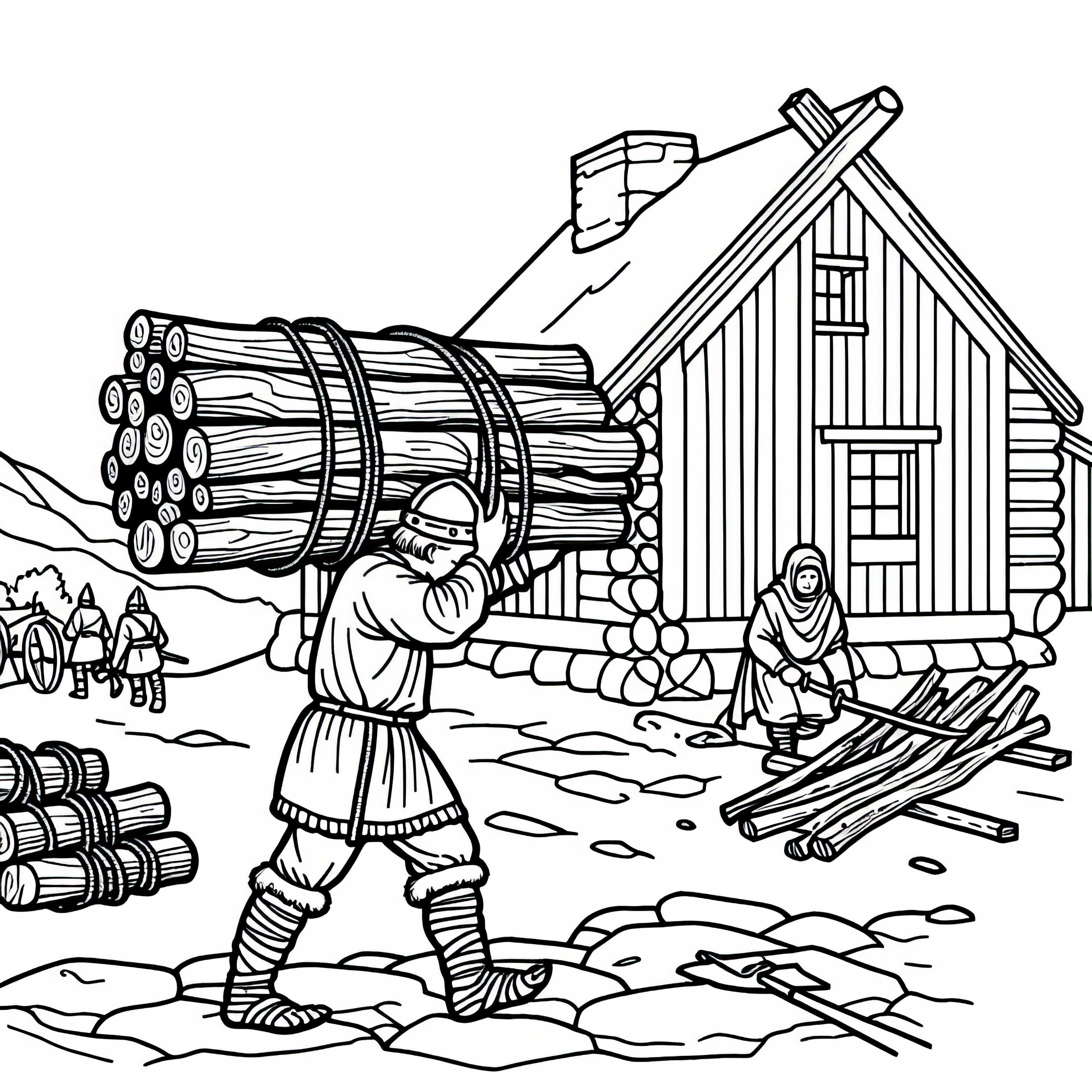 Kind bringt Holz zum Hausbau: Ausmalbild Wikinger kostenlos