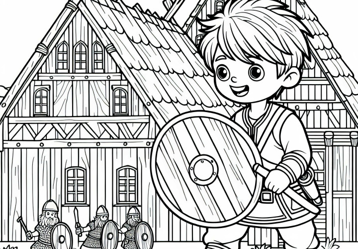 Мальчик с деревянным щитом игриво охраняет деревню – раскраска викингов бесплатно