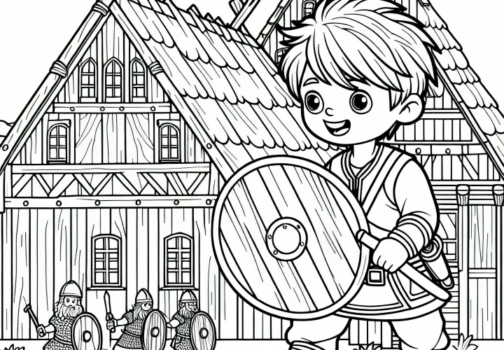 Мальчик с деревянным щитом игриво охраняет деревню – раскраска викингов бесплатно