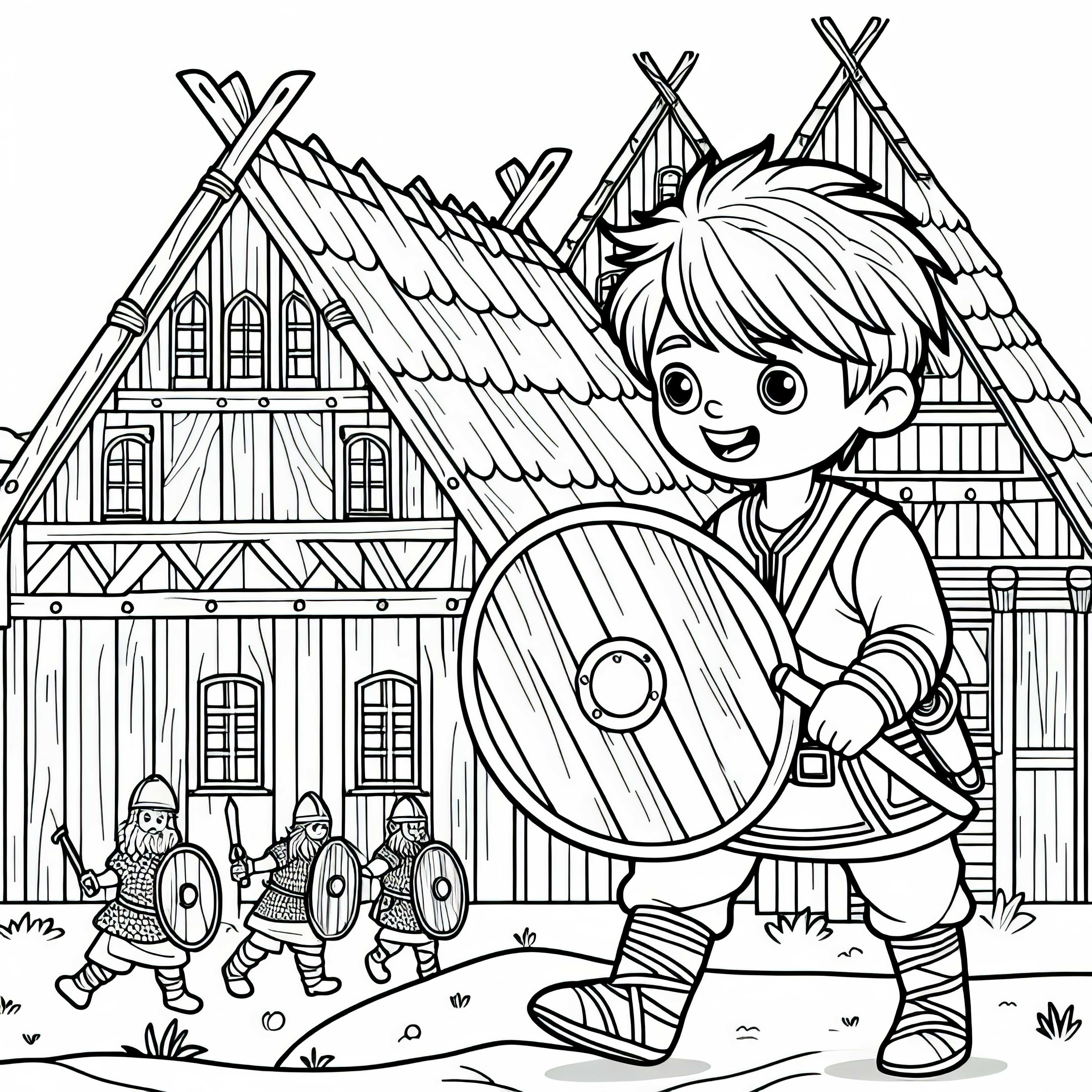 Junge mit Holzschild bewacht spielerisch das Dorf &ndash; Ausmalbild Wikinger kostenlos