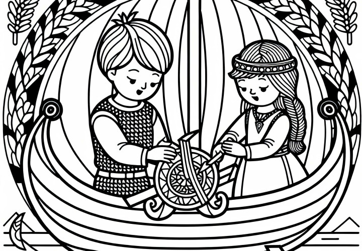 Два ребенка помогают в украшении дракарса