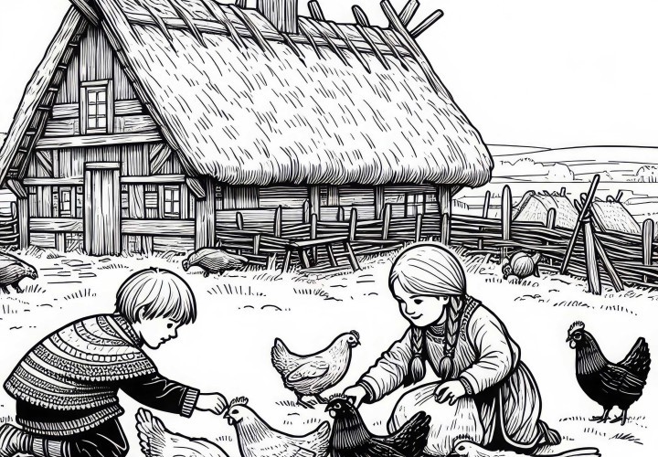 Два ребенка кормят куриц перед длинным домом – раскраска викингов бесплатно