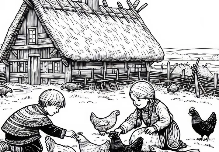 Два ребенка кормят куриц перед длинным домом – раскраска викингов бесплатно