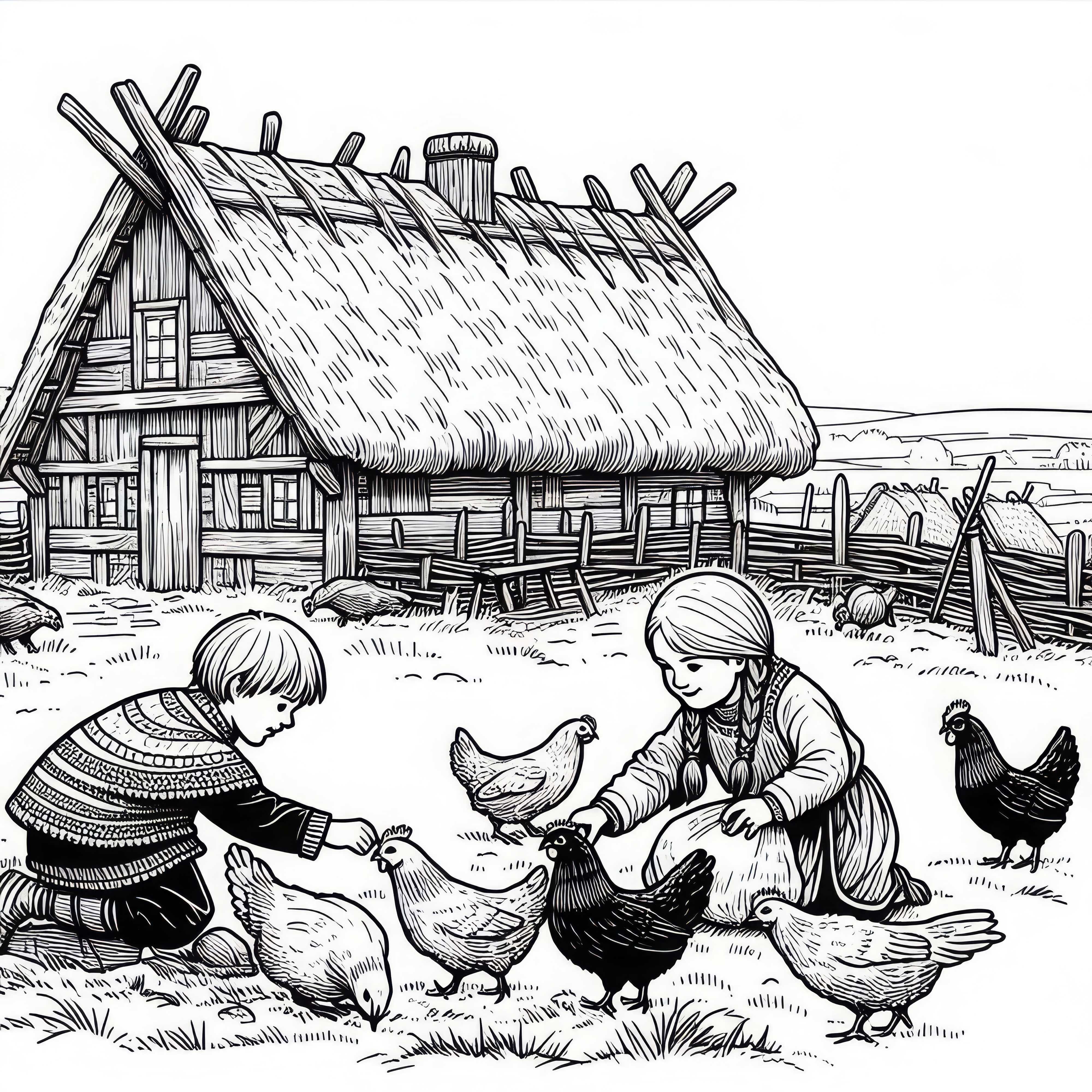 To barn mater kyllinger foran langhuset &ndash; Fargeleggingsbilde vikinger gratis