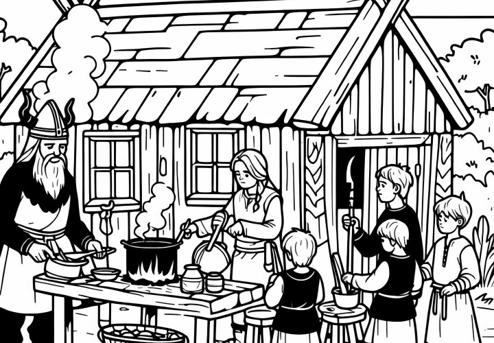 Викингская кухня Дети помогают готовить Раскраска бесплатно