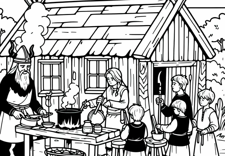 Викингская кухня Дети помогают готовить Раскраска бесплатно