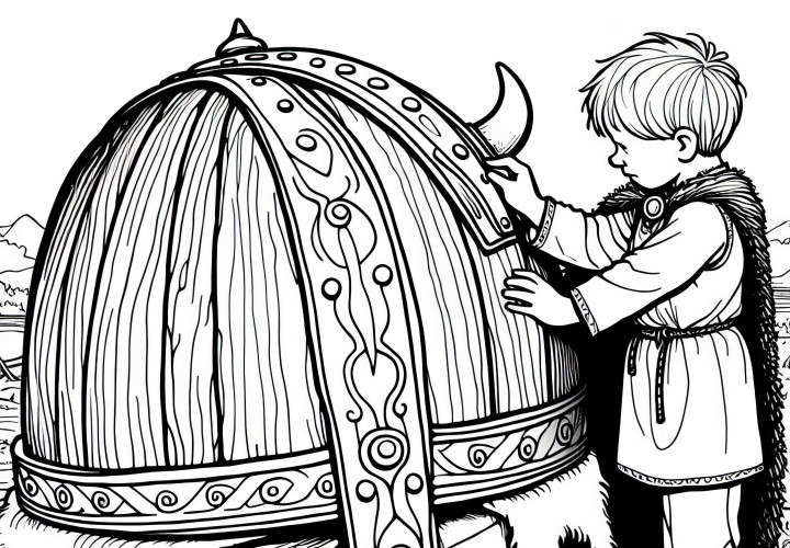 Gutt med gigantisk vikinghjelm i tre fargeleggingsmal