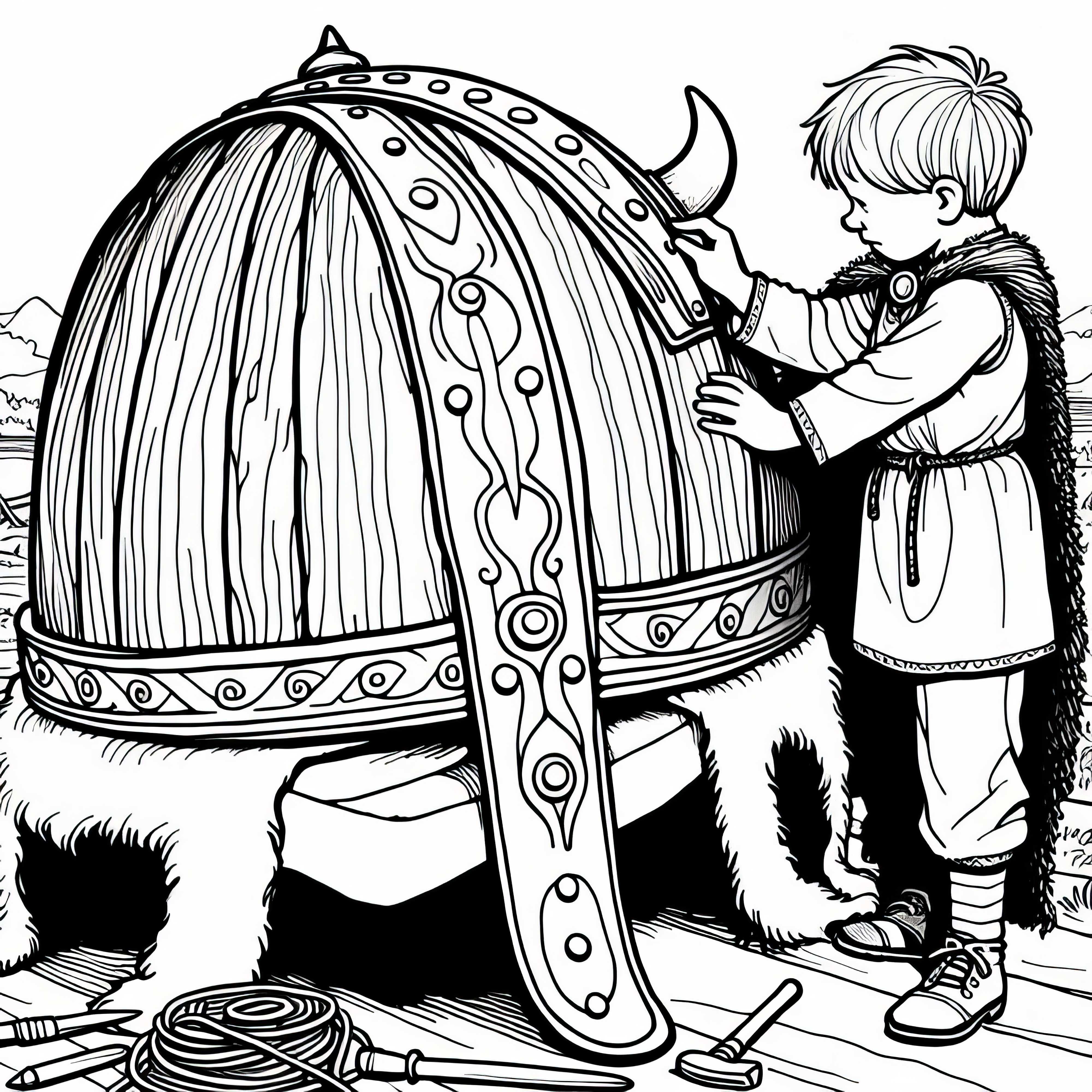 Мальчик с гигантским деревянным шлемом викинга - бесплатная раскраска