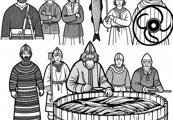 Tørring av fisk – Viking fargeleggingsbilde gratis
