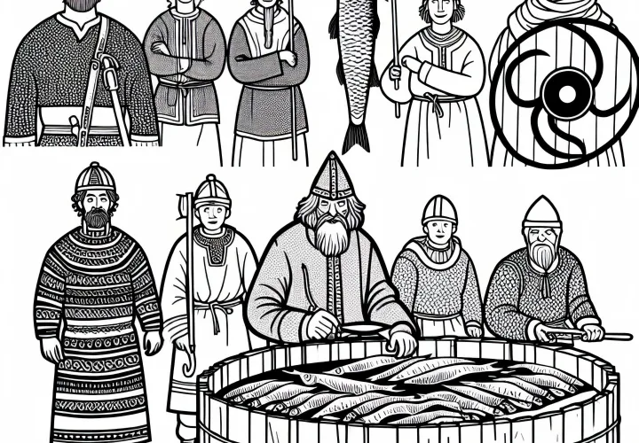 Сушка рыбы – раскраска викингов бесплатно