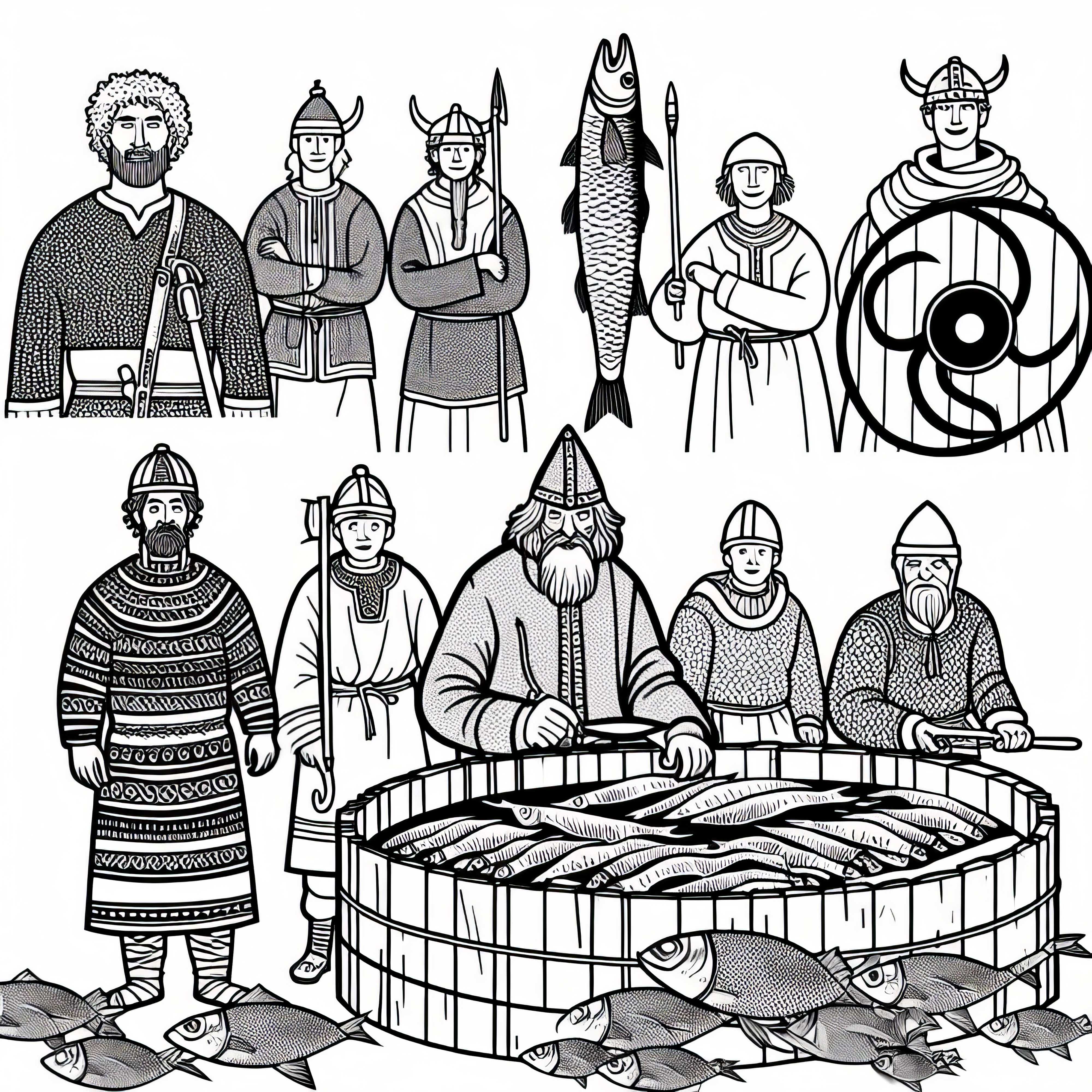 Sušenje rib – brezplačna slika za obarvanje Vikingov Sušenje rib – Viking barvna slika brezplačno