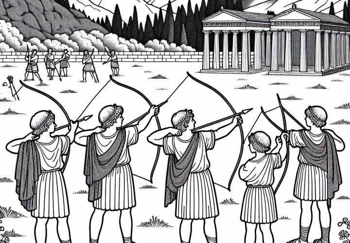 Children practice javelin throw on a practice field - Coloring page Ancient Greece free