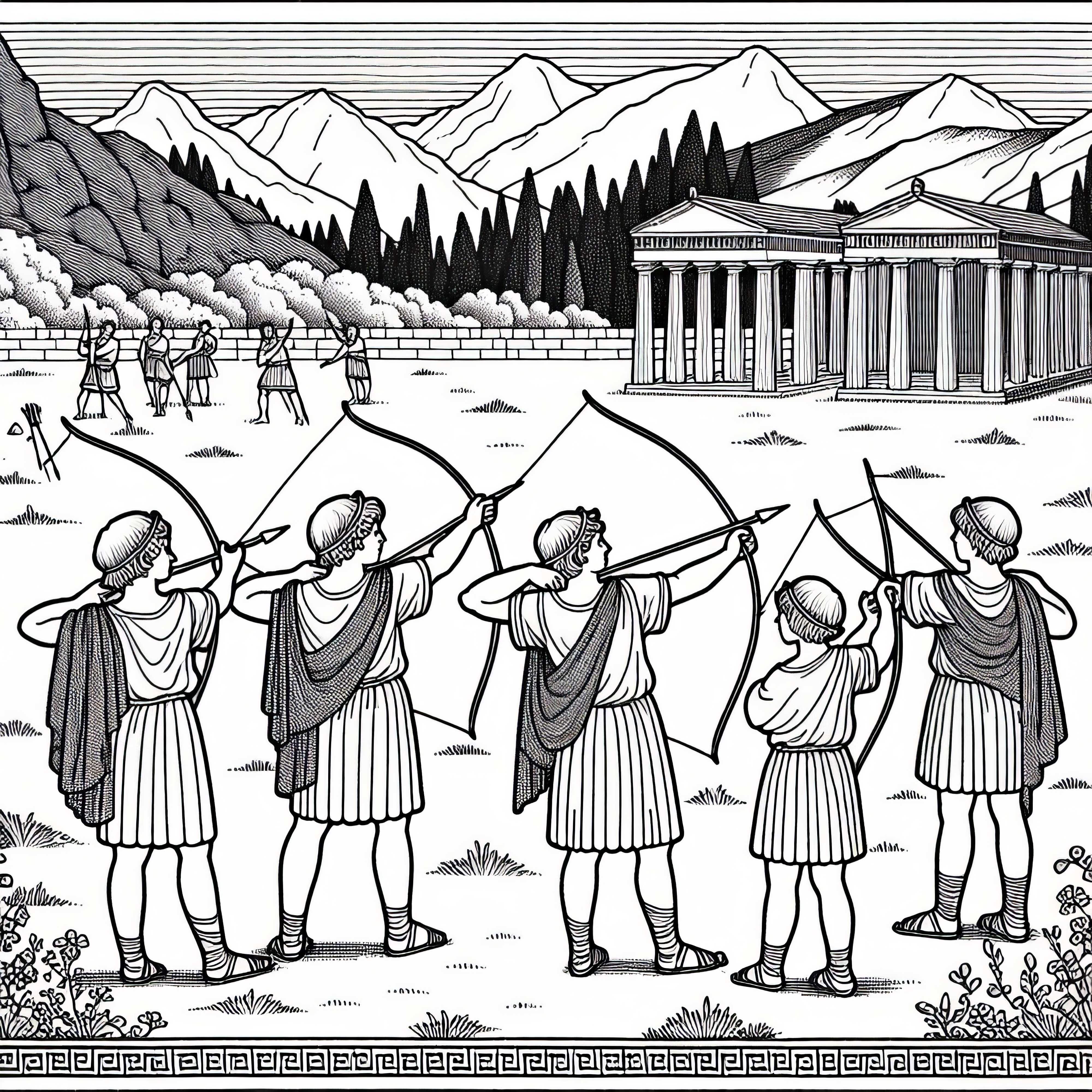 Children practice javelin throw in practice field - Coloring page Ancient Greece free