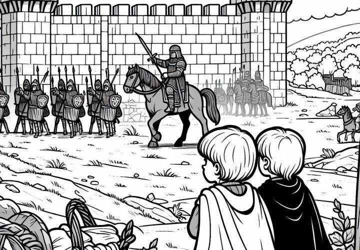 Two children look at knights in front of a castle wall – Free medieval coloring page