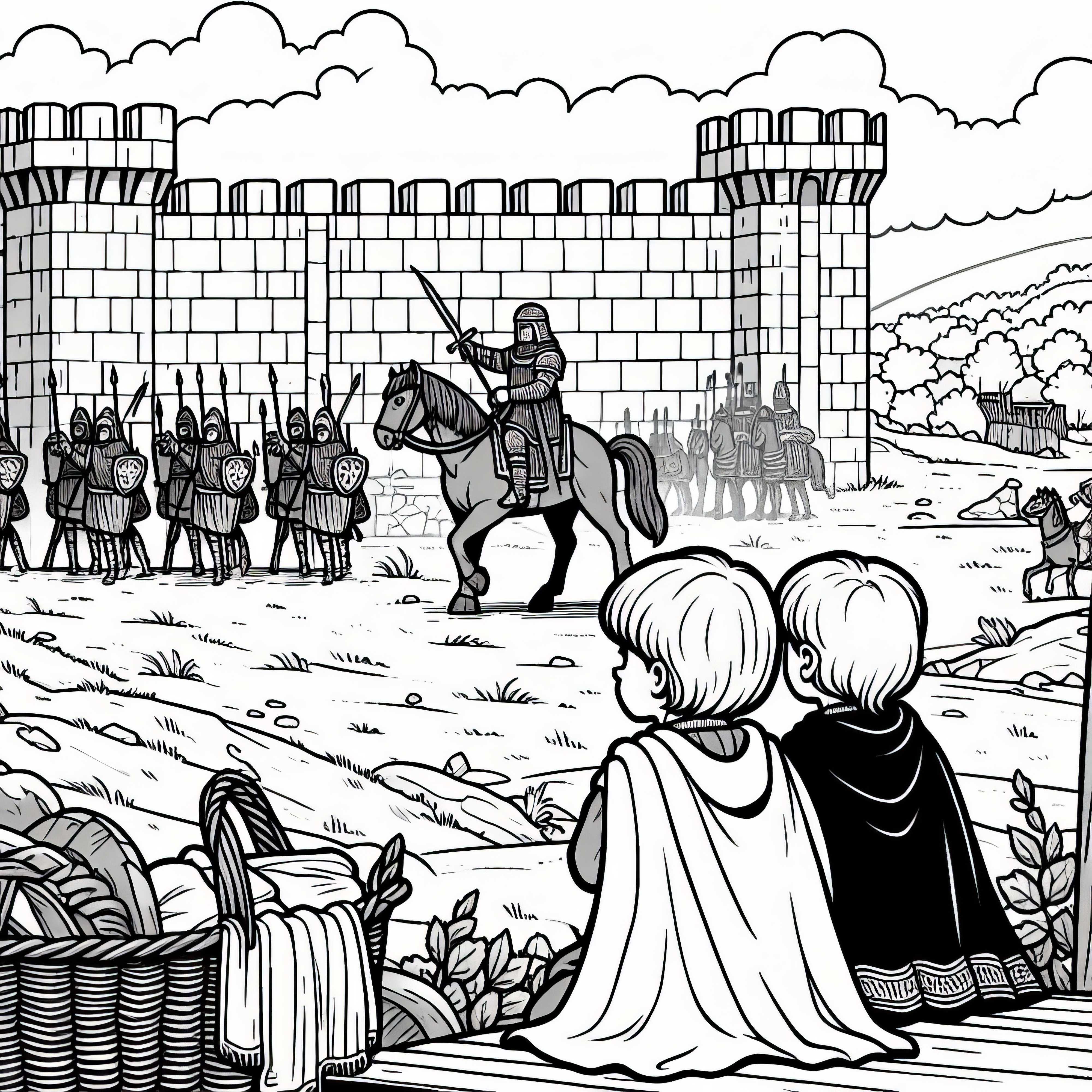 Two children are looking at knights in front of a castle wall – free coloring page medieval Two children are looking at knights in front of a castle wall - Coloring page Middle Ages free
