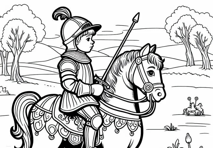 Рыцарские дети учатся верховой езде на лошади. Раскраска Средневековья бесплатно