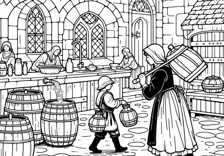 Child brings water jugs to castle kitchen – Free medieval coloring page