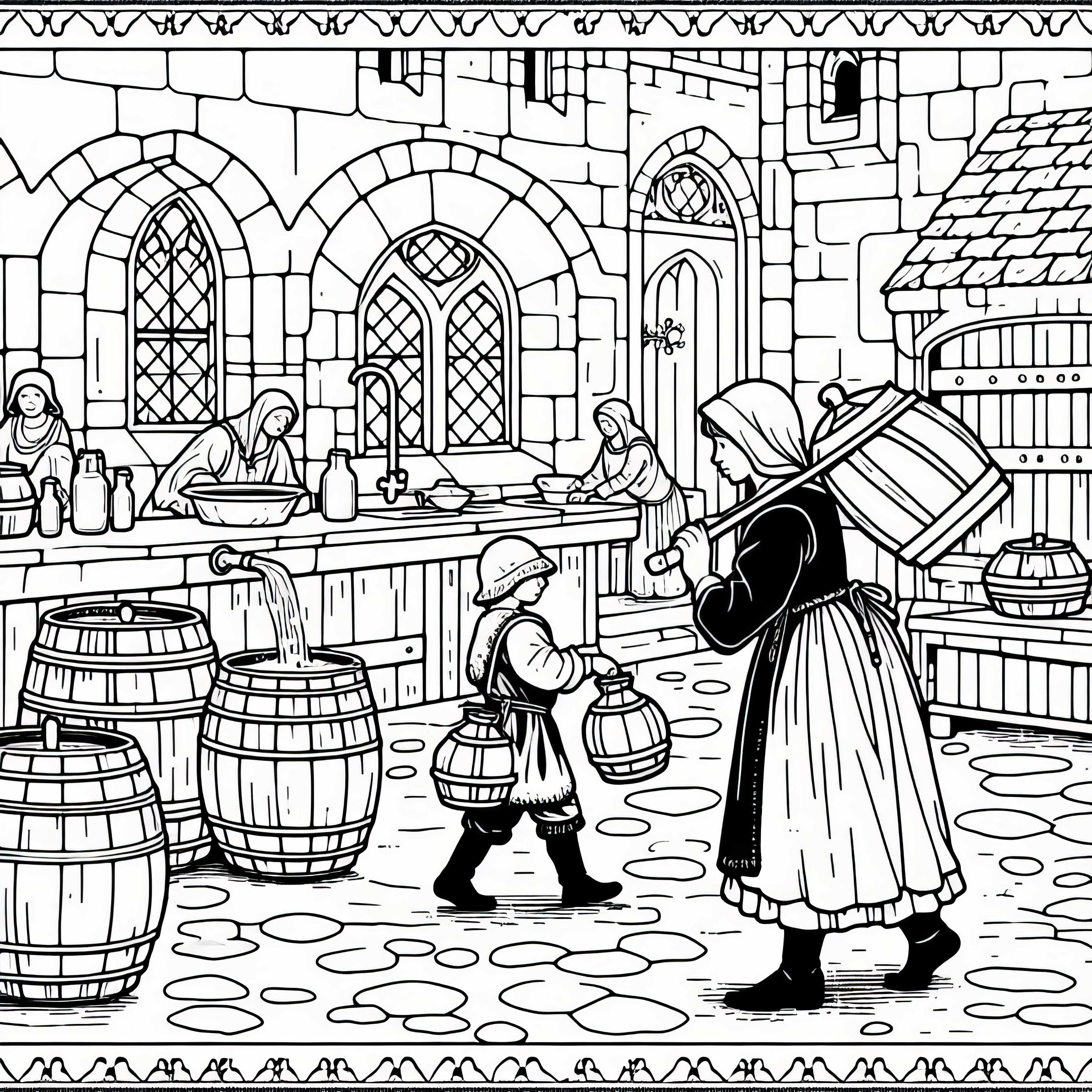 Child brings water jugs into castle kitchen – Free coloring page medieval