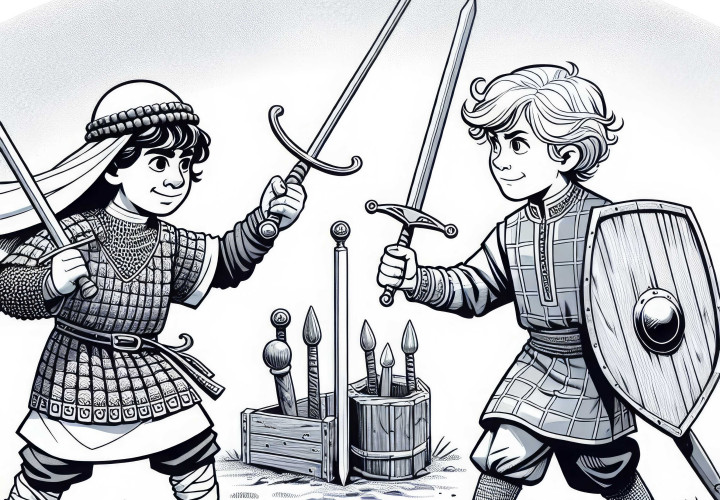 Two children are playing tournament with wooden swords and shields - free coloring template medieval