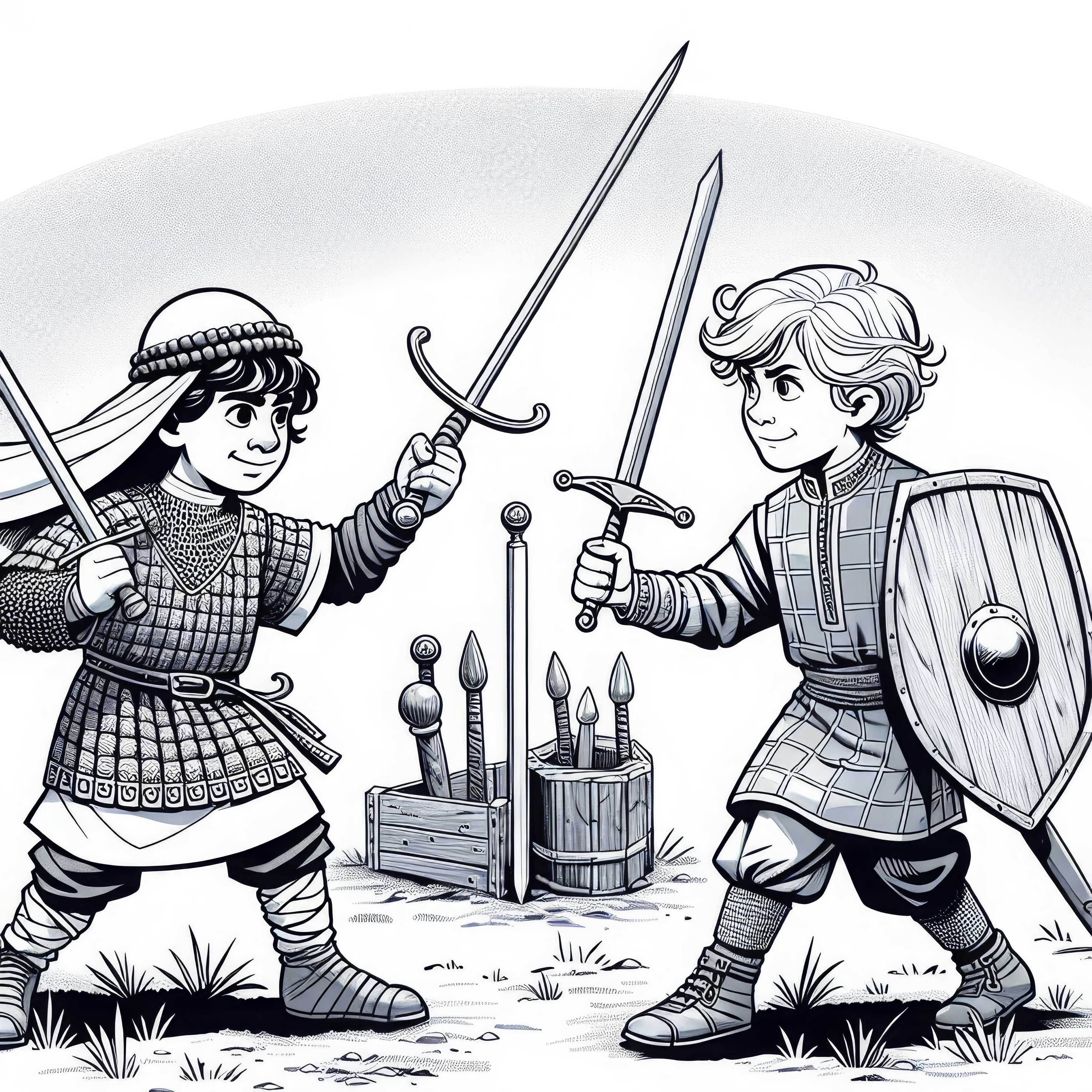 Two children are playing tournament with wooden swords and shield - medieval coloring page free