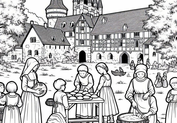 Children help with baking in the castle courtyard – Free medieval coloring page
