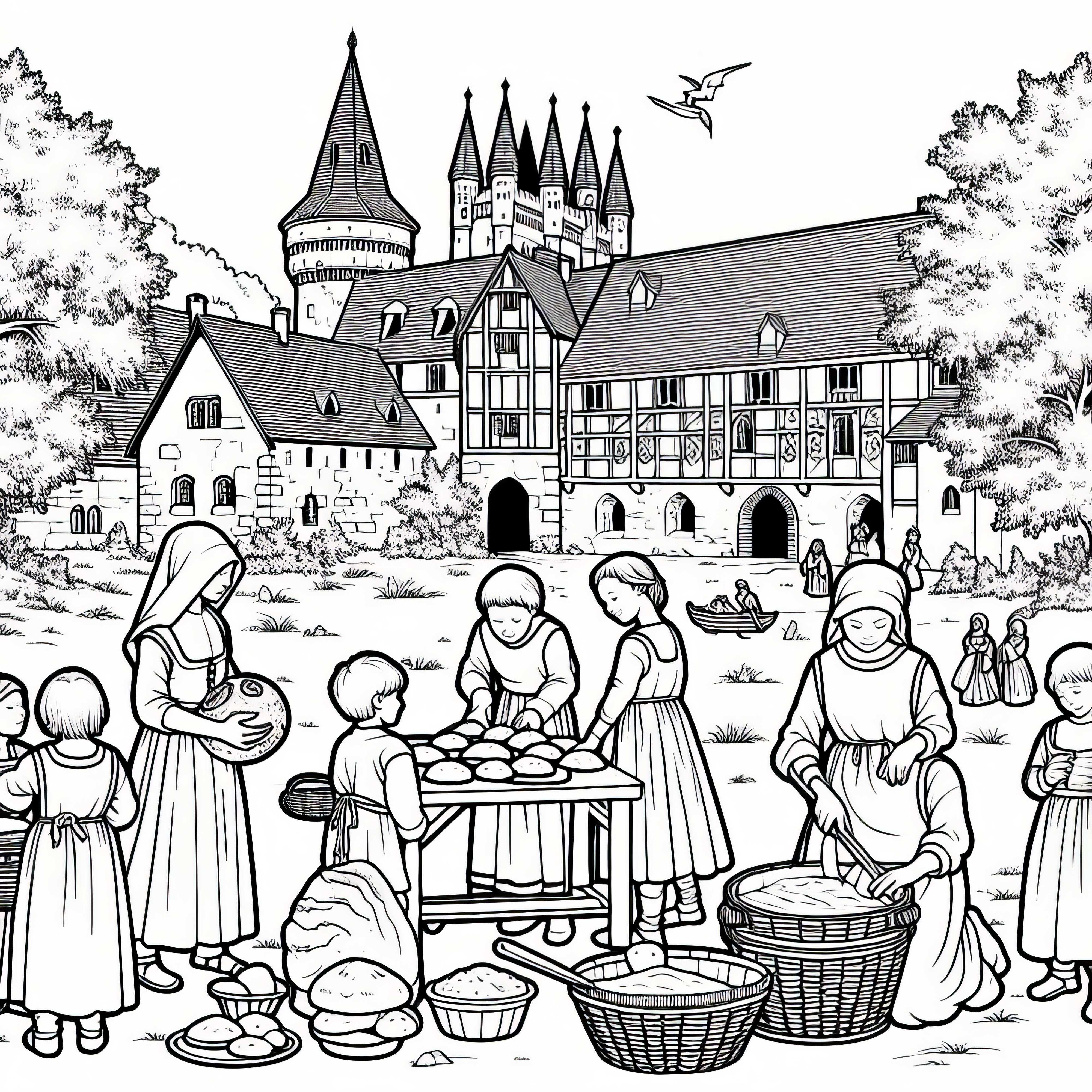 Children help with baking in the castle courtyard – Free medieval coloring page Children help with baking in the castle courtyard – Free medieval coloring page