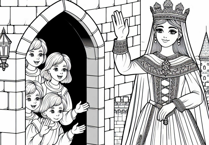 Princess waves to children coloring page Middle Ages free