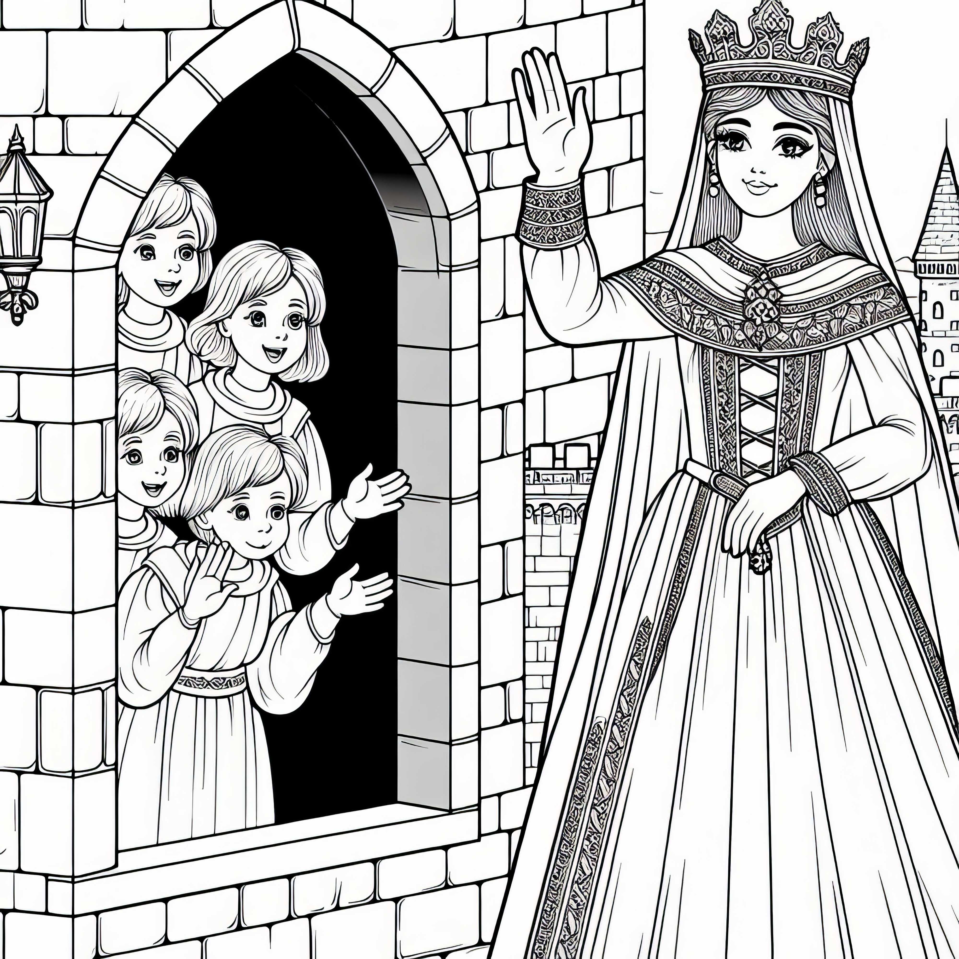 Princess waves to children coloring page medieval free