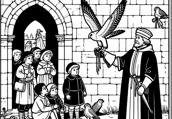 Дети наблюдают за соколами с раскраской птиц в стиле Средневековья бесплатно